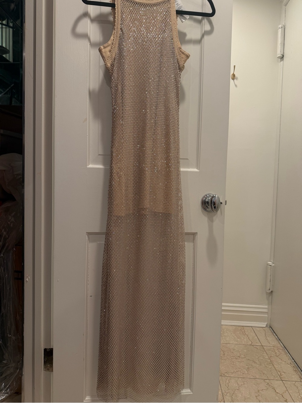 Sandro Champagne Beaded Mesh Maxi Dress